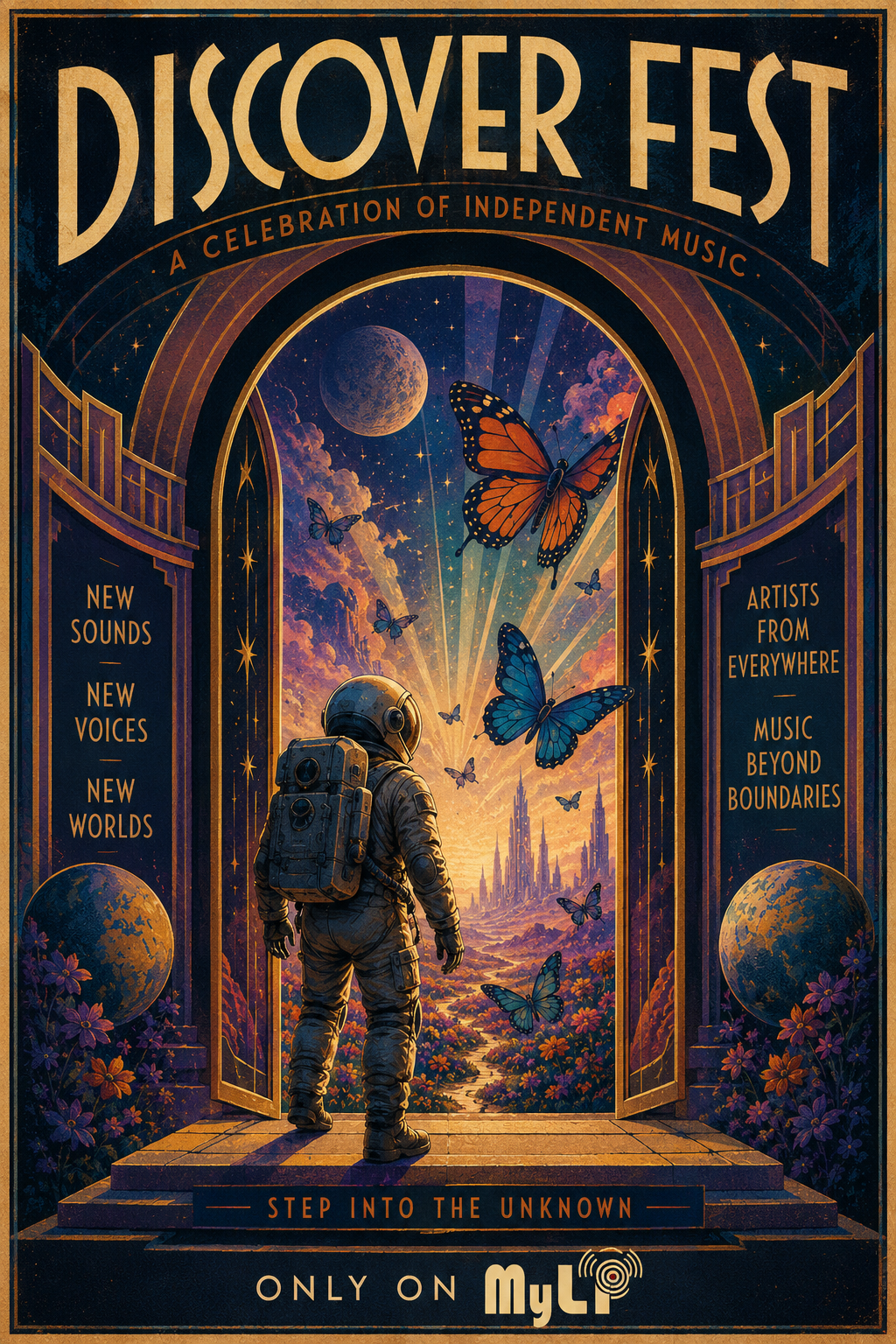 Discover Fest artwork featuring an astronaut entering a musical world through a glowing portal