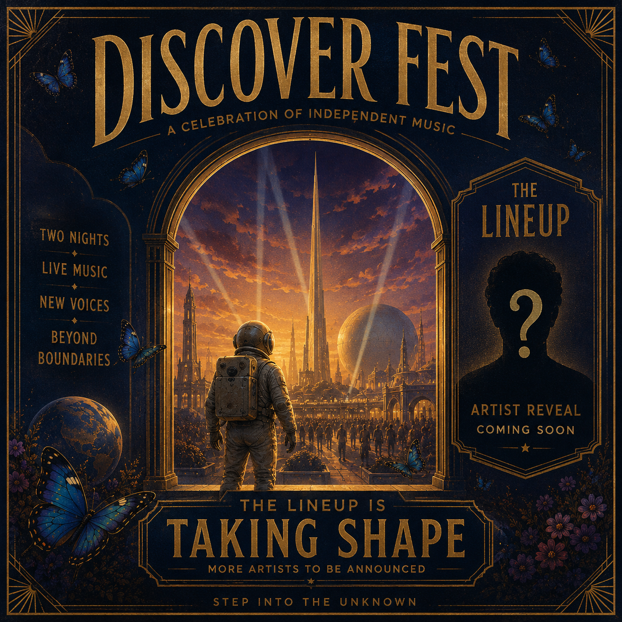 Discover Fest lineup artwork showing an astronaut, a futuristic city and a mystery artist silhouette