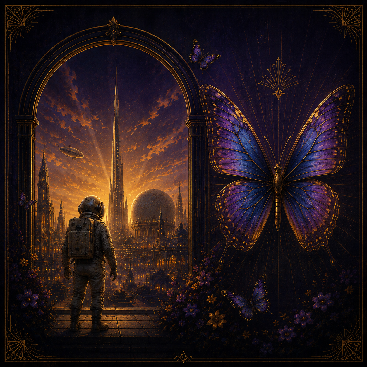 Discover Fest performance schedule artwork showing an astronaut, a futuristic city and a large blue butterfly