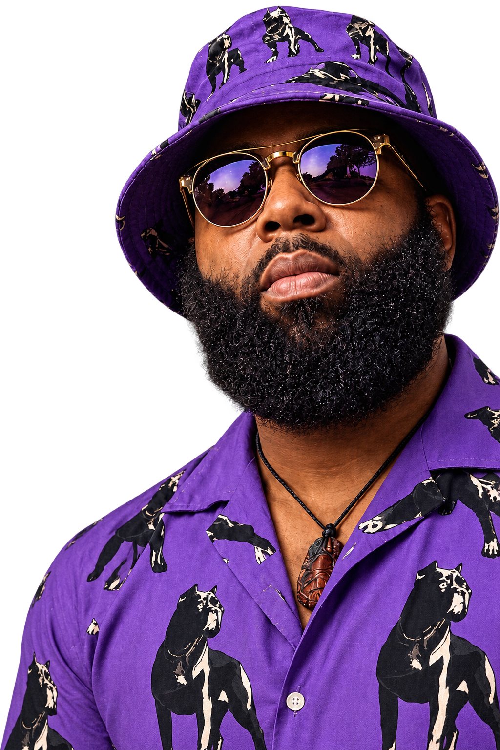 King Tee Mulaa wearing a purple shirt, matching hat and sunglasses